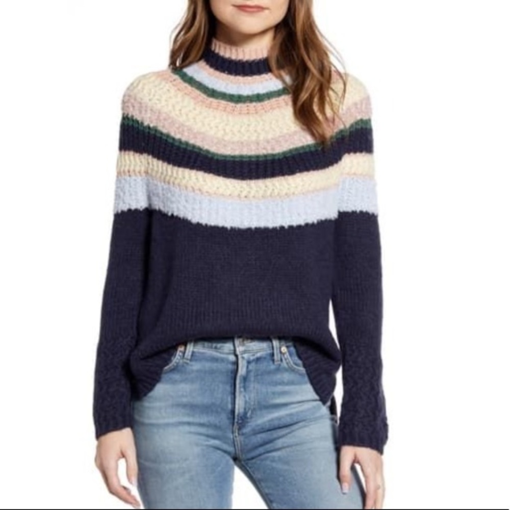 Caslon Wool/Angora Blend Striped Mixed Knit Mock Neck Sweater Size XL